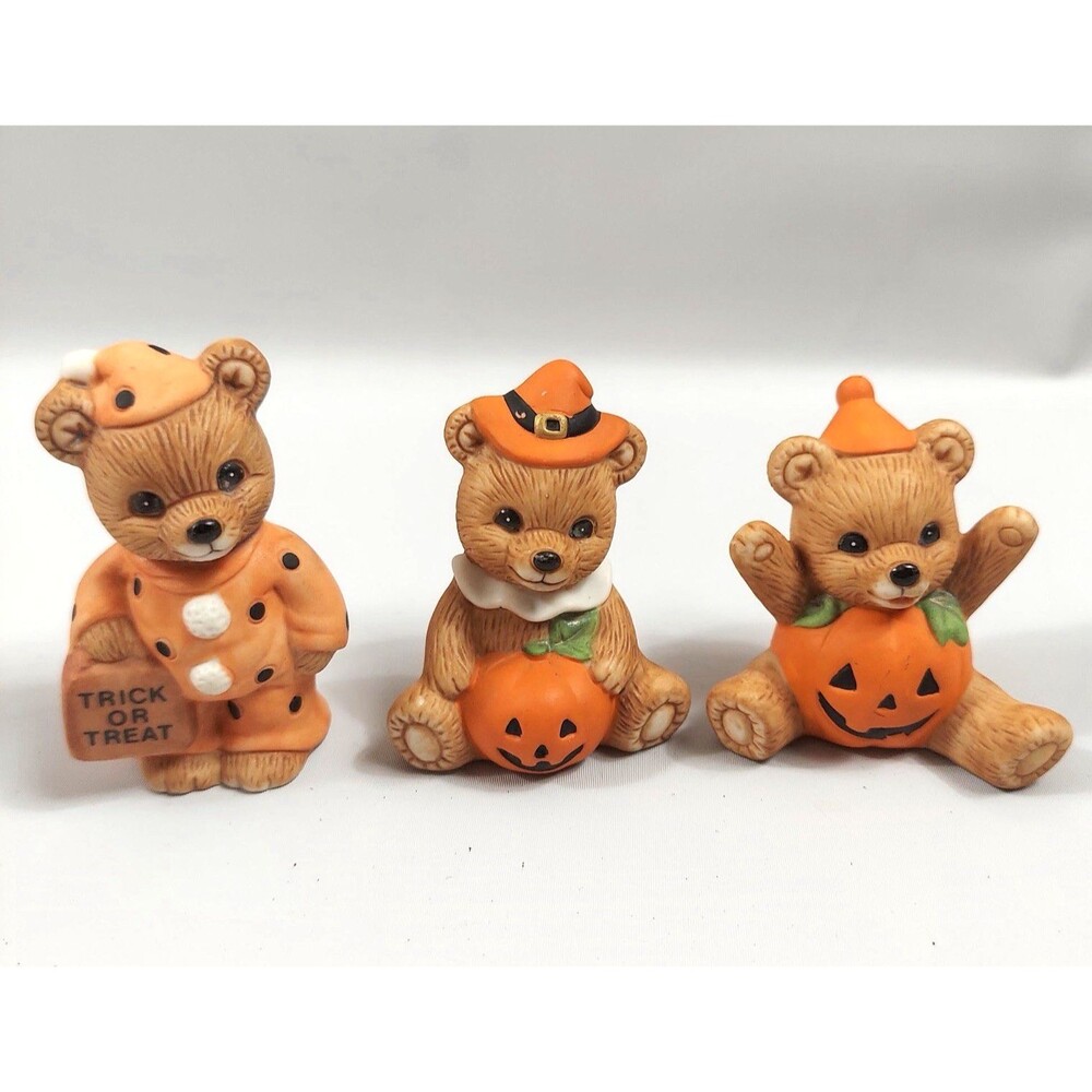 Homco Halloween Bears Pumpkin Jack O Lantern Trick or Treat Lot of 3 Vintage